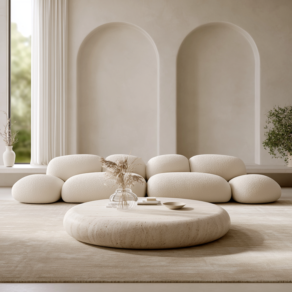 Cloud Dancer — modulares Bouclé-Sofa mit Travertintisch
