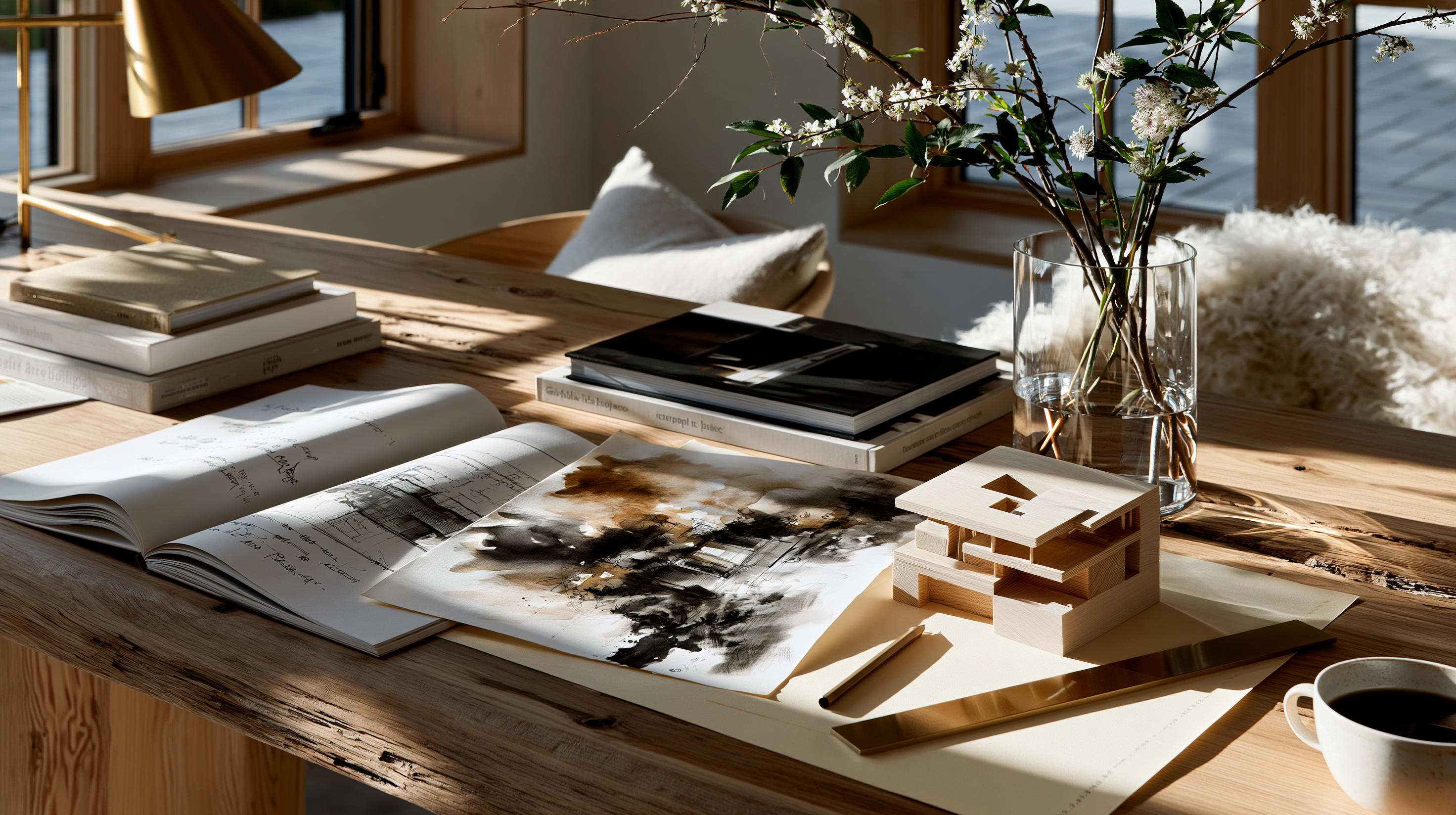 Arbeitstisch mit Skizzen, Aquarell und Architekturmodell