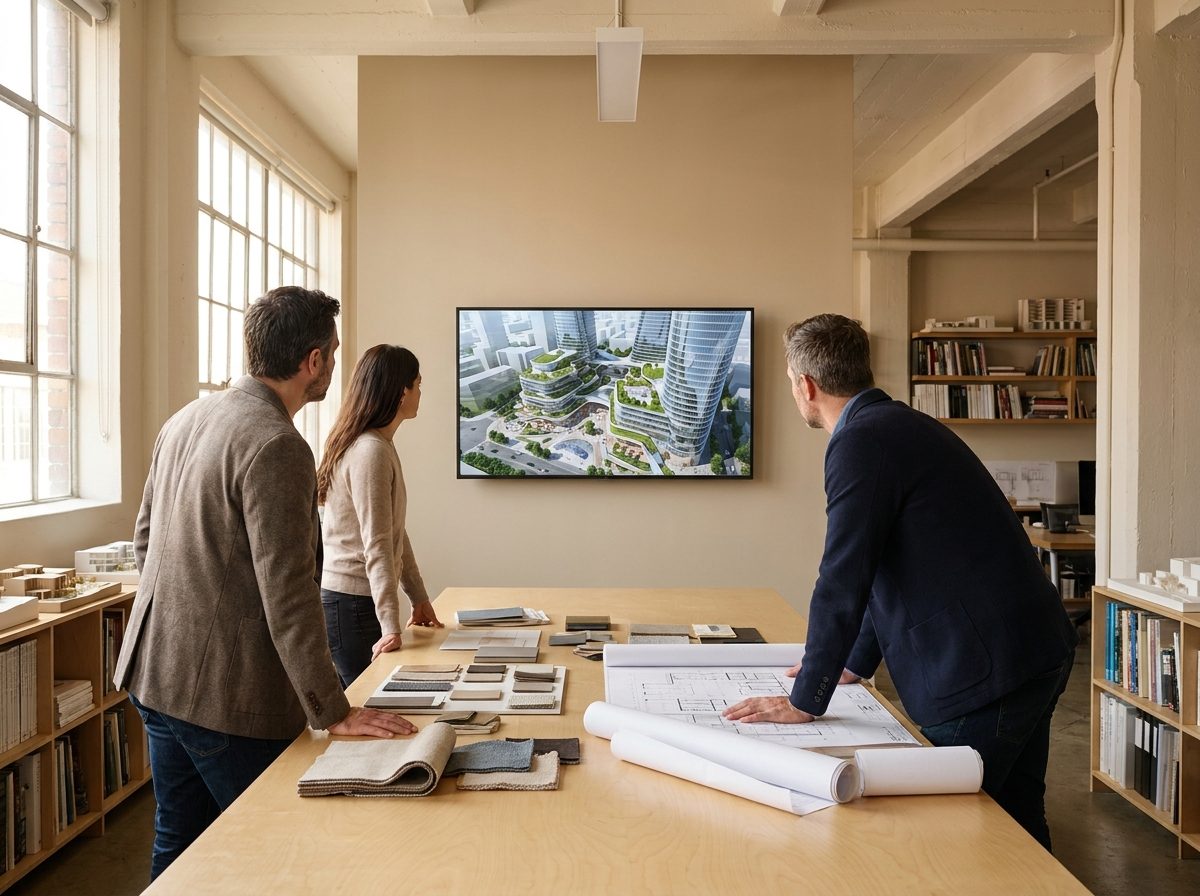Drei Personen besprechen Pläne und Materialmuster vor einer Projektvisualisierung