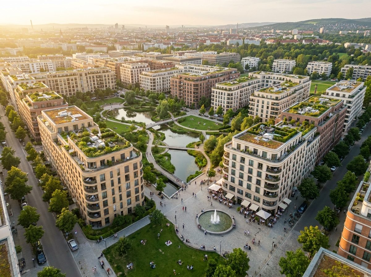 Luftaufnahme eines grünen Quartiers mit Park, Wasser und belebtem Platz