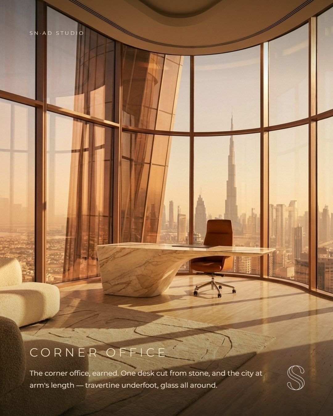 Dubai Tower — Eckbüro mit Blick auf die Stadt