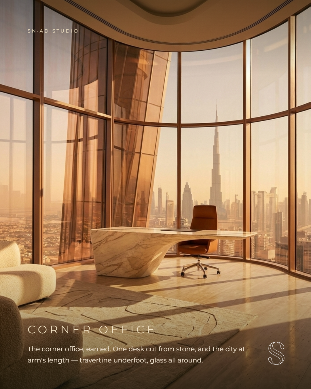 Dubai Tower — Eckbüro mit Blick auf die Stadt