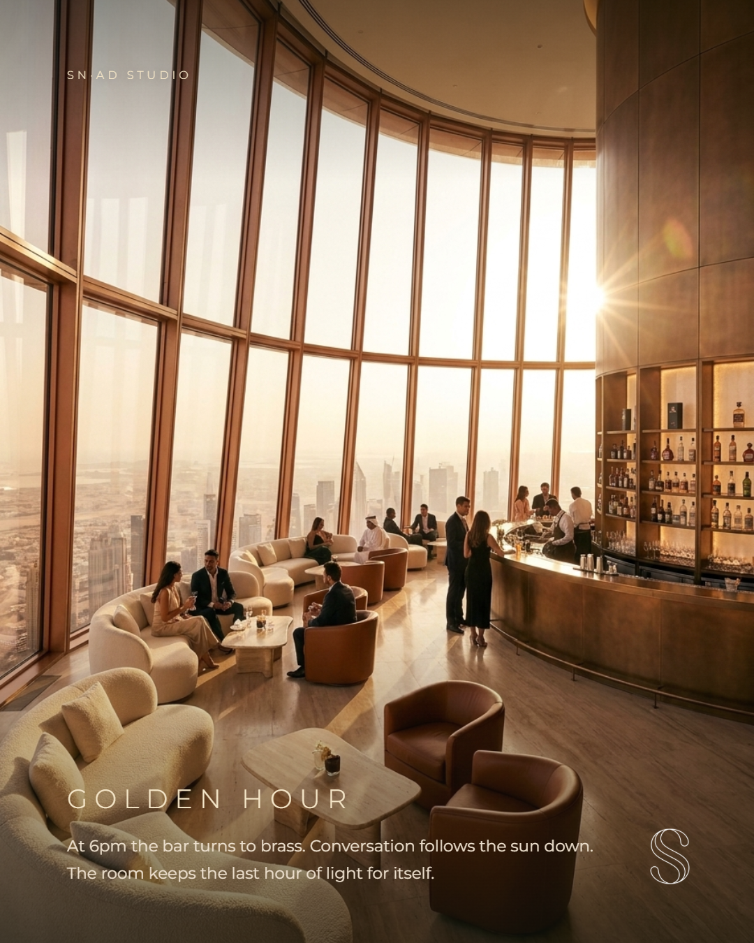 Dubai Tower — Sky Lounge zur goldenen Stunde
