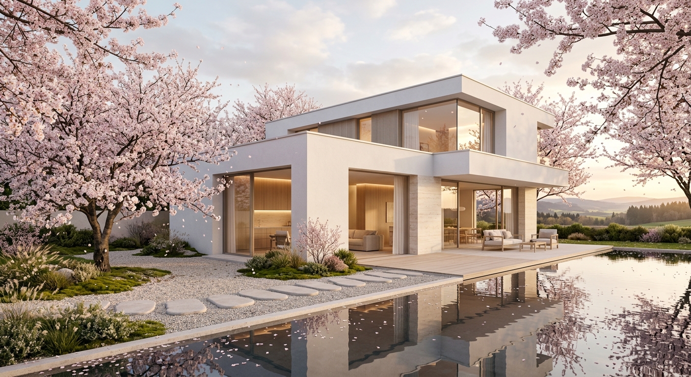Sakura House — Aussenansicht mit Spiegelteich