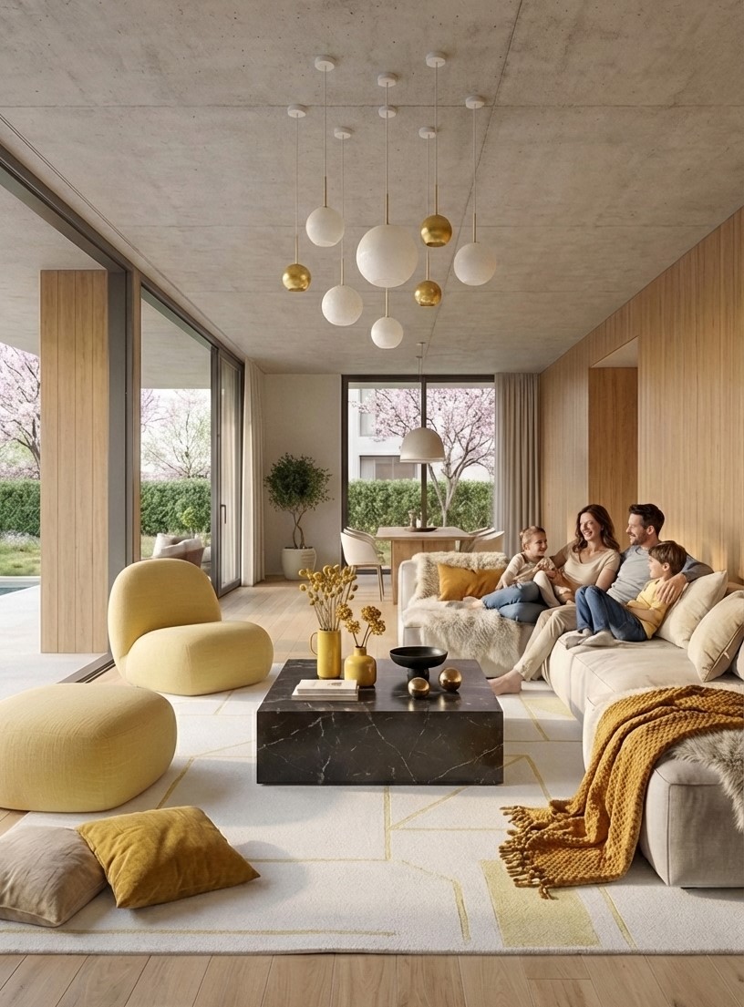 Familienwohnraum mit Sichtbeton